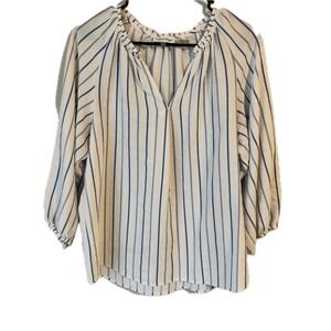 Calvin Klein Womens Blue White Striped Split V-Neck 3/4 Sleeve Blouse Medium